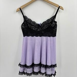 Vintage Y2K Coquette Lilac and Black Lace Lingerie Dress/Top Size L